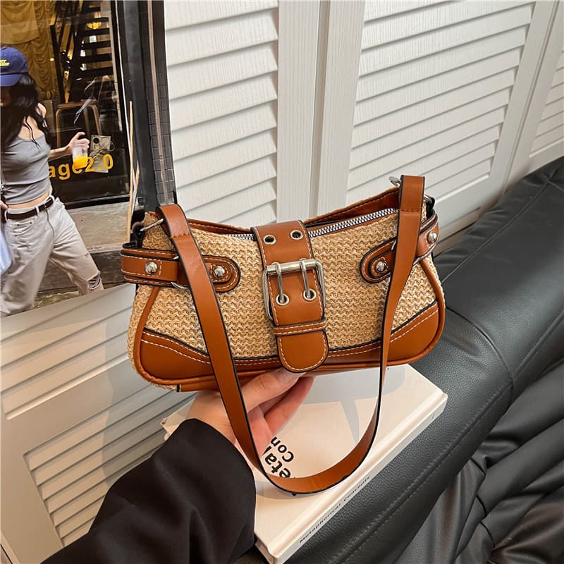 Contrast color stitching baguette underarm bag for women high-end niche fashion versatile shoulder bag cross-border new underarm bag