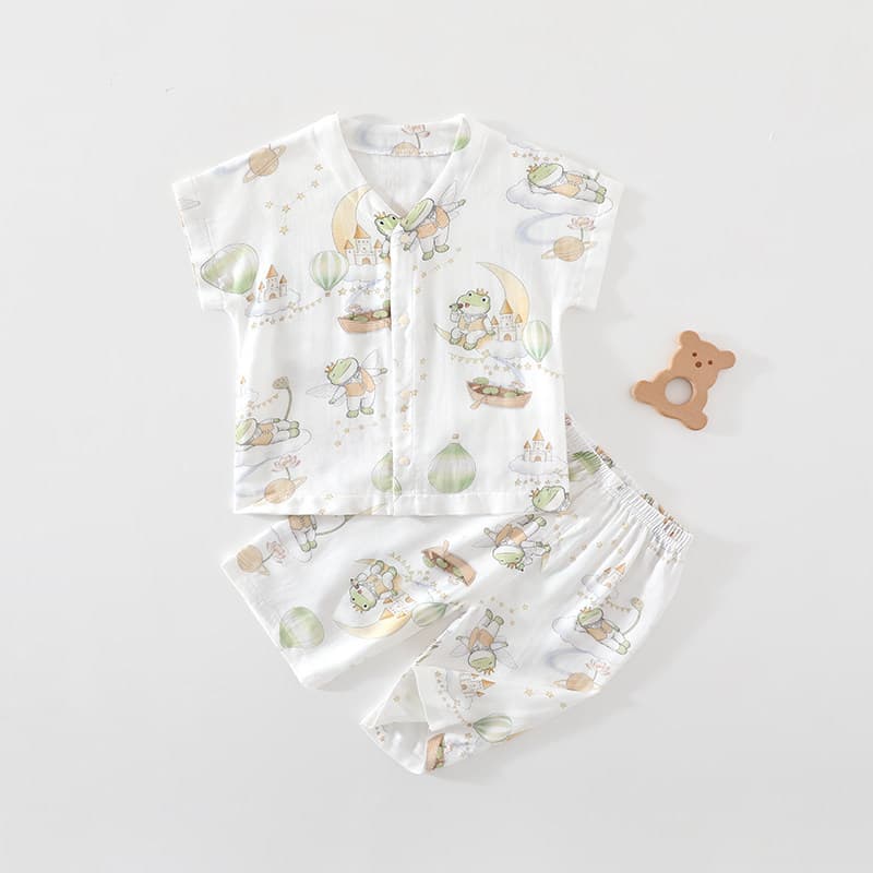 Bamboo cotton gauze baby short-sleeved suit summer thin baby home clothes children's pajamas three-quarter pants newborn clothes