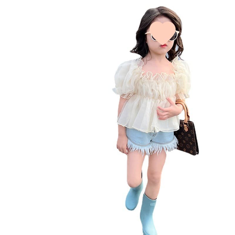 Girls T-Shirt Mesh Peter Pan Collar Princess Top Outerwear 26 Summer New Style Export Children's Clothing Wholesale Ages 3-8
