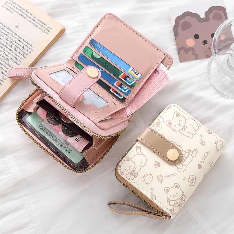 New Simple Cute Cat Japanese Style Women's Snap Coin Pocket Handbag Multi-function Short Wallet