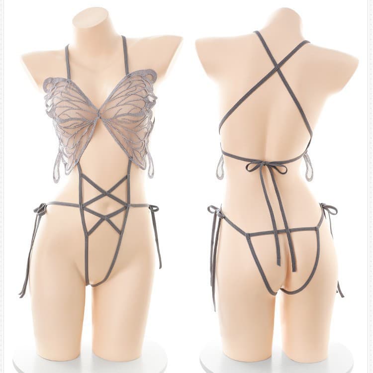 Sexy butterfly see-through lingerie bodysuit, open crotch, no need to remove, passionate set, breastfeeding uniform temptation.
