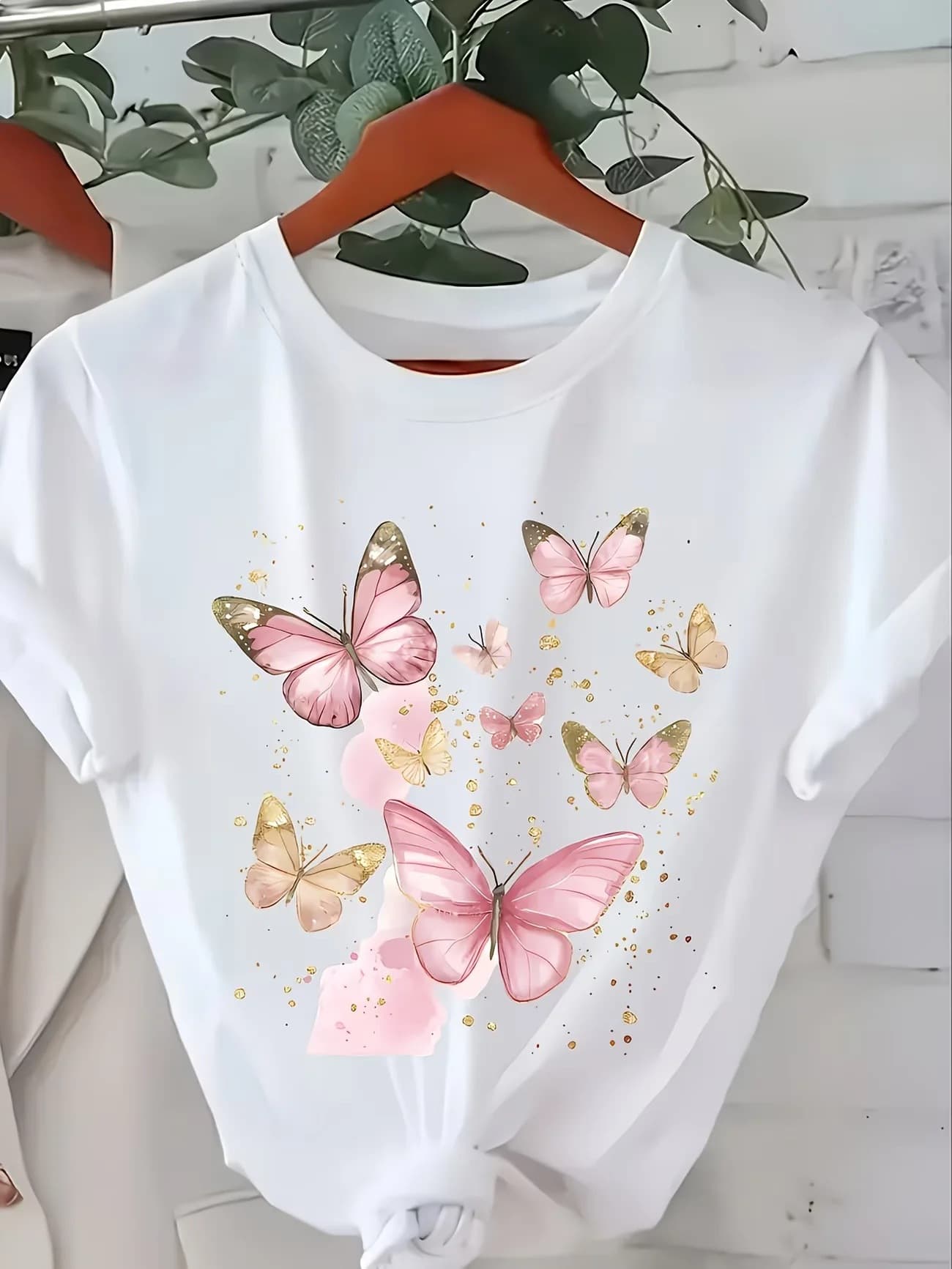 Butterfly Print Short Sleeve T-Shirt - Round Neck Casual Su