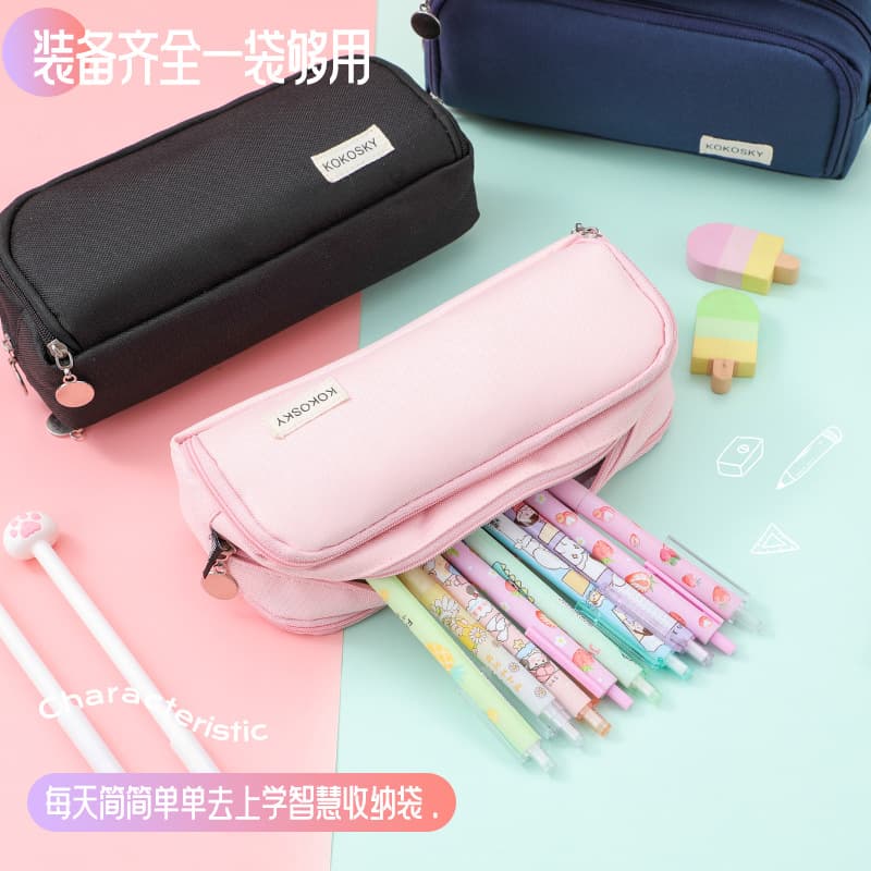 Spot double-open canvas pencil case wholesale multi-layer large-capacity student pencil case for junior high school students multi-functional simple stationery bag