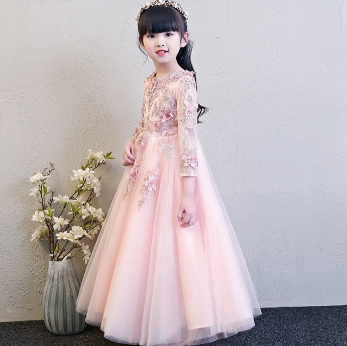 Xia Xia Children's Princess Dress, Long-Sleeve Tulle Tutu for Piano Performance, Birthday Evening Gown, Flower Girl Wedding Dress