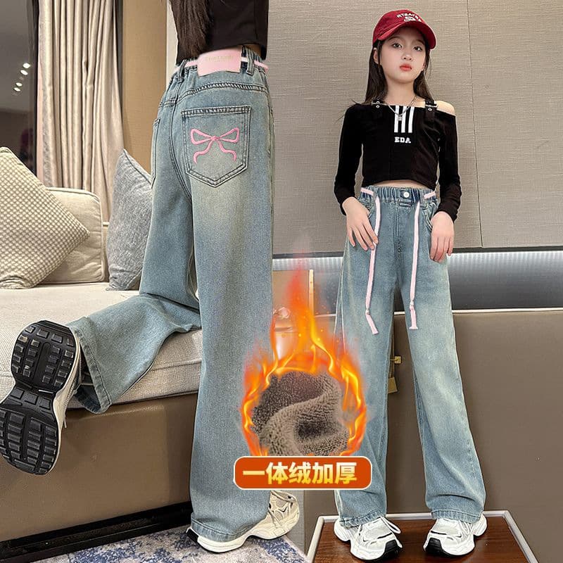 Girls' Fleece-Lined Jeans, Thickened Integrated Fleece Winter Wear, Stylish Children's Warm Loose Girls' Fleece-Lined Pants