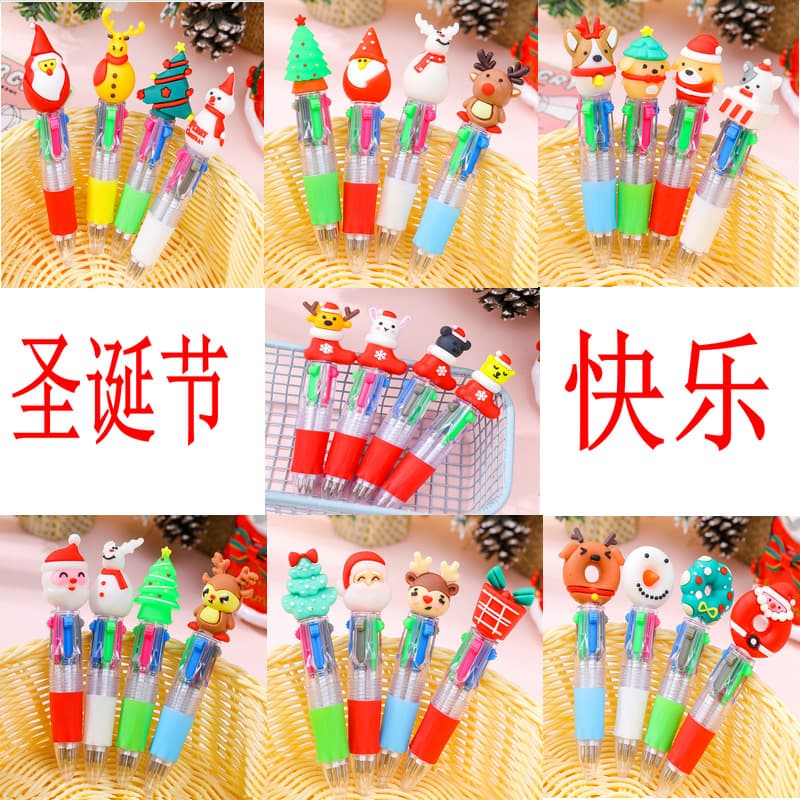 Christmas Mini 4-Color Ballpoint Pen with Cartoon Deer and Santa Design, 4-Color Ink Push-button Pen for Student Gifts and Journaling