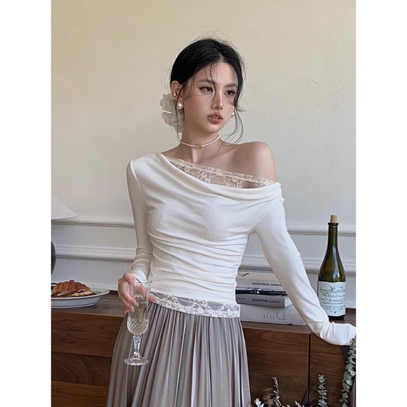 Gold Lianti High Elasticity Ribbed Velvet Lace Splice Asymmetrical Shoulder Base Shirt T-shirt Slim Fit Top Women's Fashion