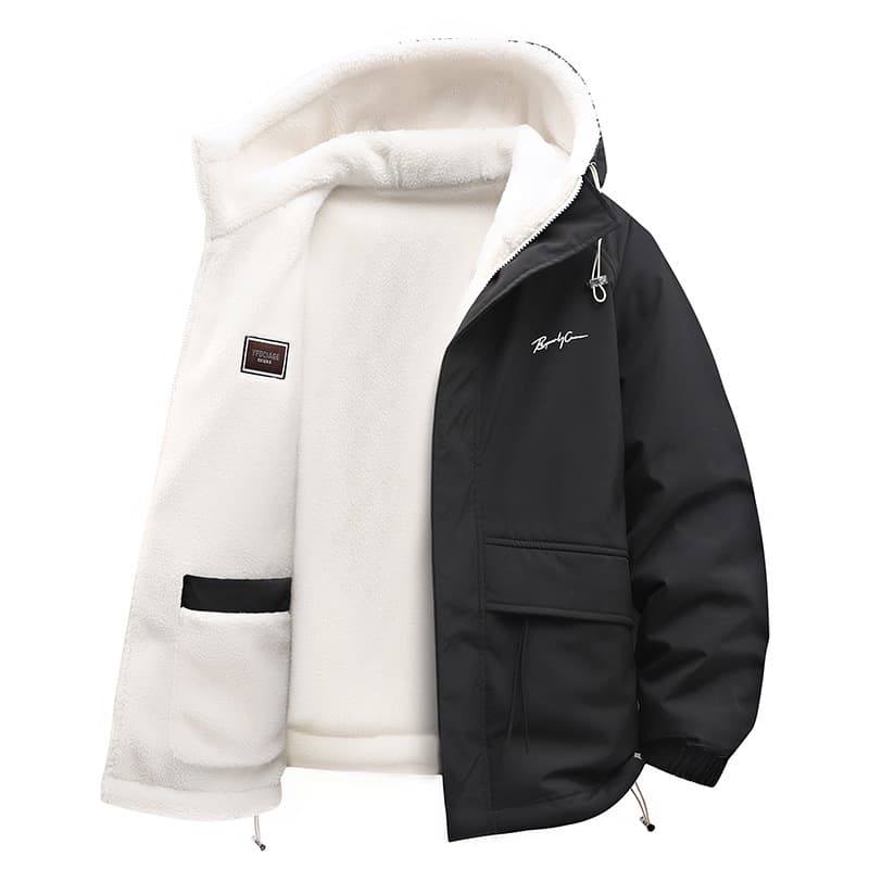 Men's Fleece Jacket Autumn Winter Thickened Fleece Lined Casual Loose Hooded Jacket Men Reversible Winter Cotton Coat