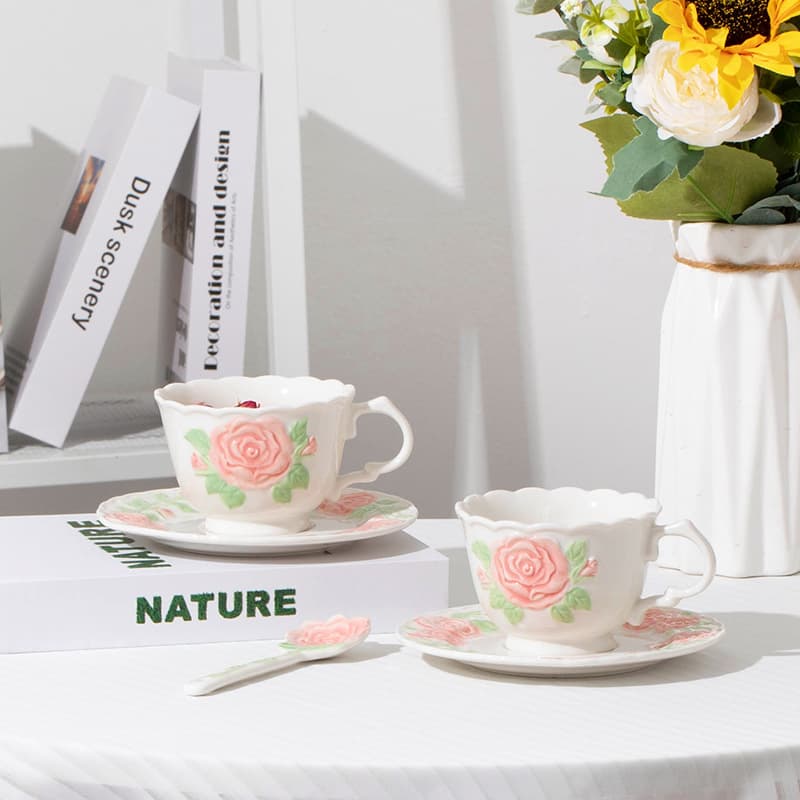 Creative Ceramic Embossed Coffee Cup & Saucer - Hand-Painted Rose Coffee Cup, Household Afternoon Tea Cup
