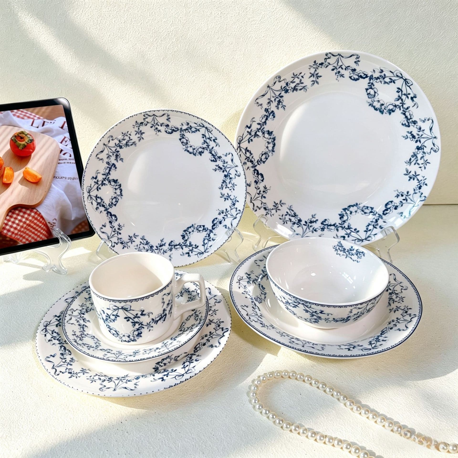 British afternoon tea blue bow ceramic plate ins internet celebrity fruit plate high-looking rattan flower tableware breakfast plate