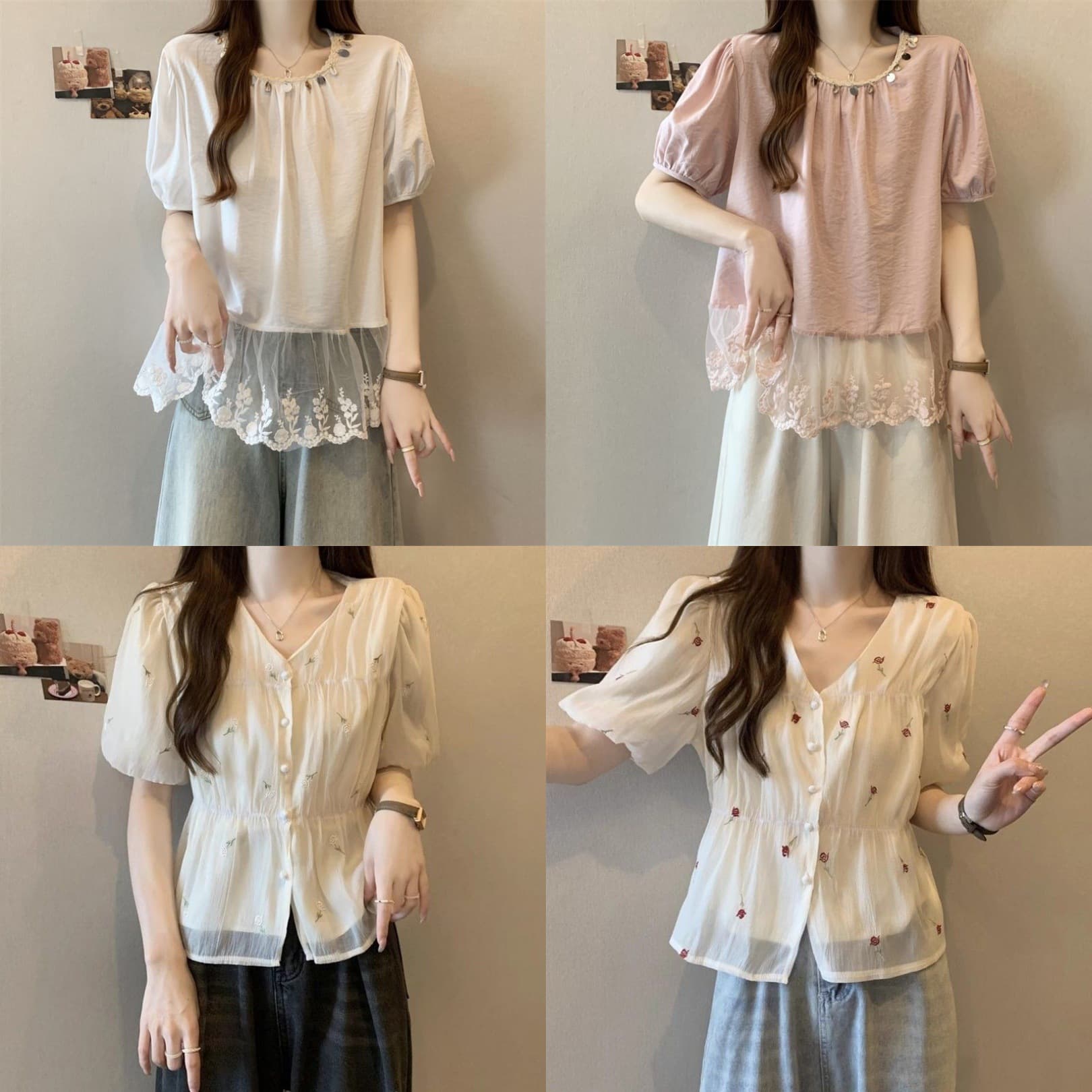 Wholesale Women's Shirts Off-Shoulder Blouse Summer French Floral Short Sleeve