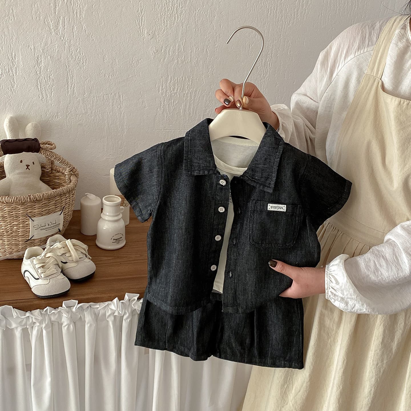 Dianxi infant casual simple denim jacket suit baby summer new cartoon vest shorts three-piece set