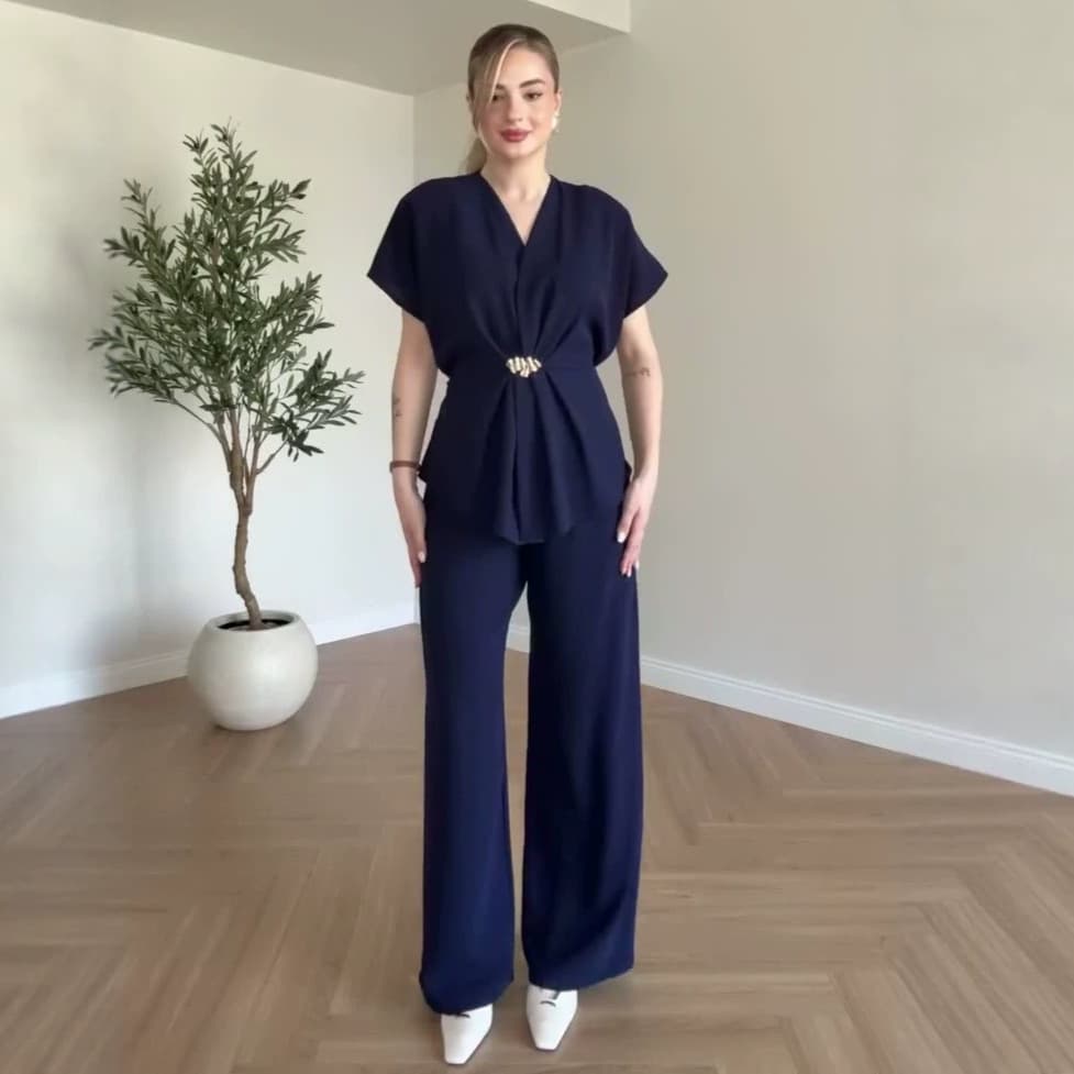 European and American Women's Cross-Border Export 2026 Spring/Summer New Short-Sleeve Waist-Tight Top High-Waist Wide-Leg Pants Elegant Set
