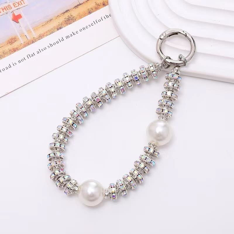 High-End Fashion Personalized Creative Double Bead Rhinestone Hand Strap Chain Wristband Short Lanyard Rhinestone Phone Strap