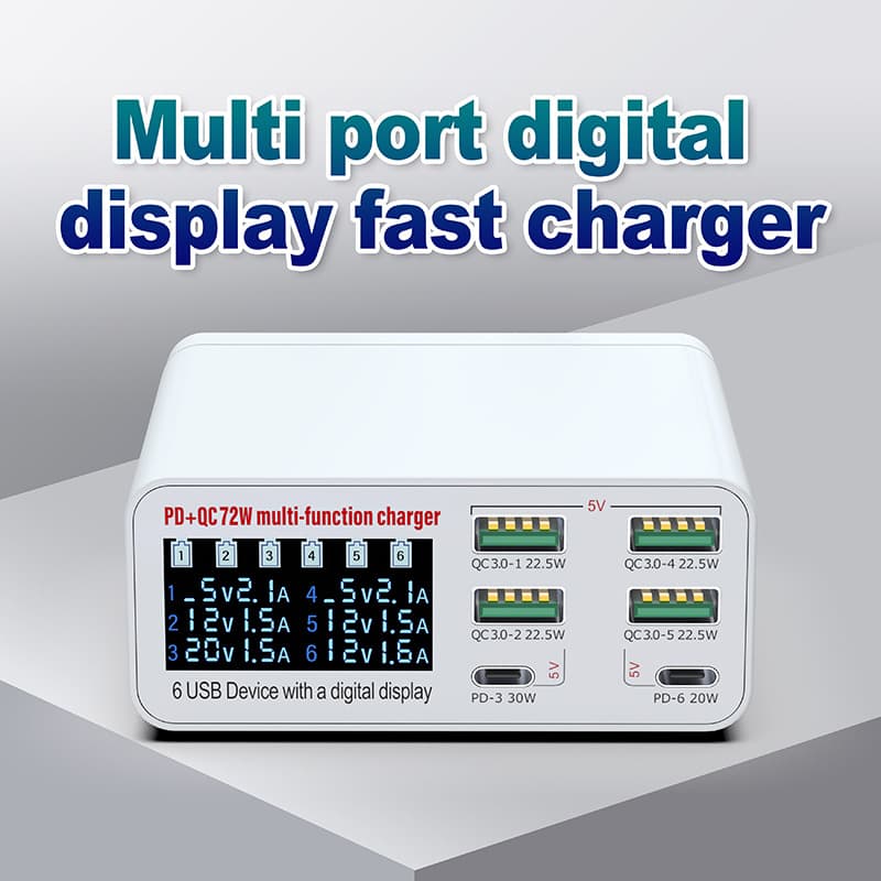 Cross-Border New Model Multi-Port Charger with Digital Display, 6-Port USB Fast Charging for Mobile Phones, Tablets, and Laptops, Desktop Fast Charging Charger
