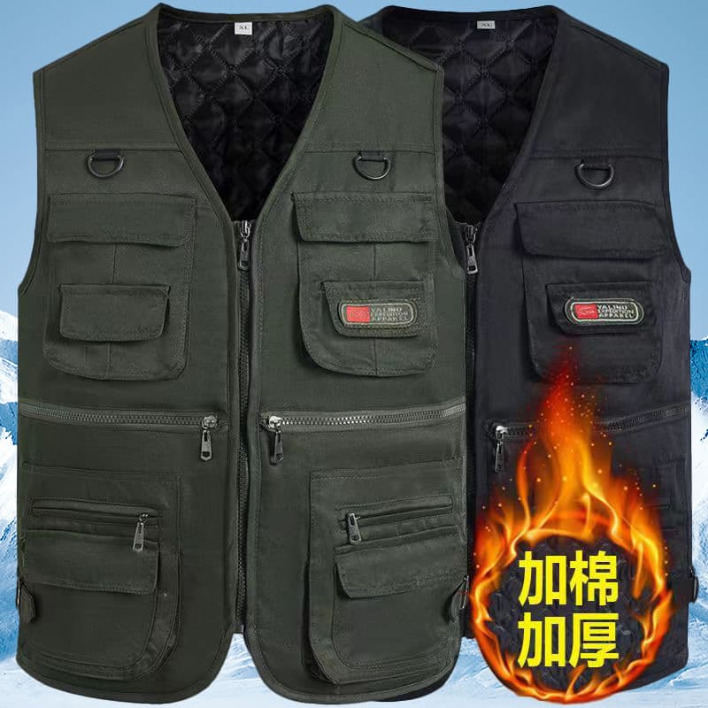 Autumn Winter Cotton Lined Thickened Vest Middle-aged and Elderly Multi-pocket Casual Vest Fishing Photography Outdoor Warm Waistcoat
