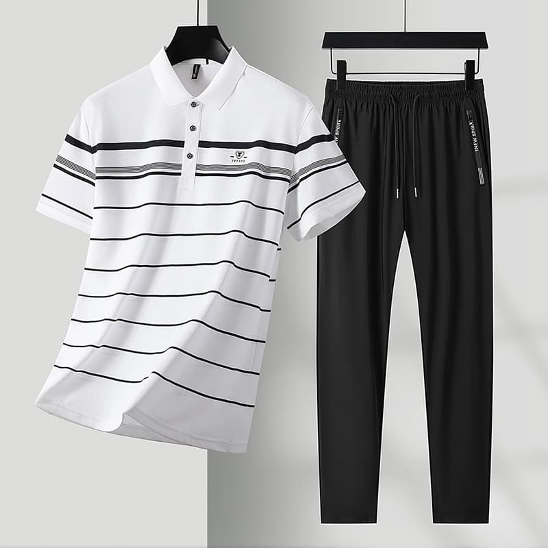 Summer Ice Silk Casual Men's Set, Middle-aged Dad's Short Sleeve T-Shirt and Pants Two-Piece Set, Middle-aged Top and Long Pants for Men