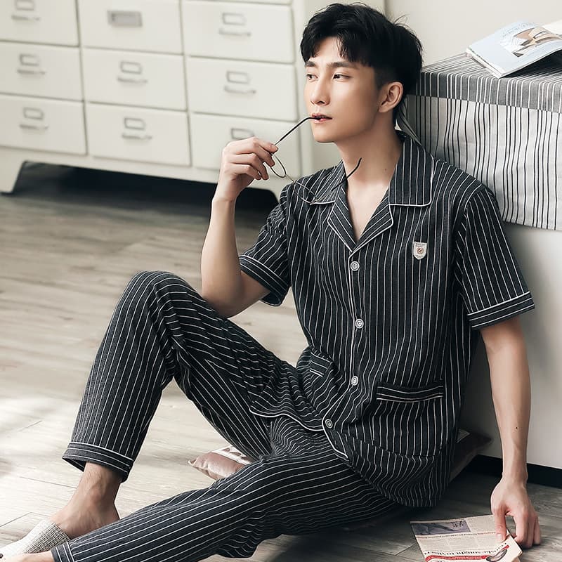 Men's Summer Thin Cotton Short-Sleeve Long Pants Pajama Set, Plus Size Homewear