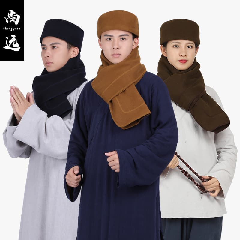 Shangyuan Plush Hat and Scarf Two-Piece Set, Warm Monk Hat and Scarf, Chinese Style Retro Floral Hat for Lay Buddhists