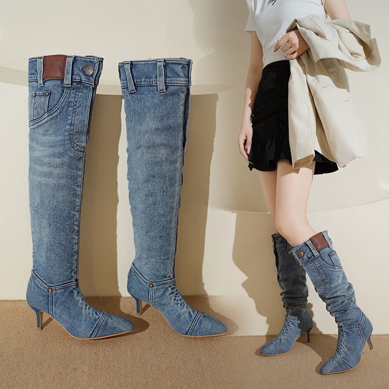 American Wasteland Style Cowgirl Boots for Women 2026 Retro Spicy Cowboy Boots Stiletto Heel Pointed Toe Stacked Boots Wide Shaft Tall Boots