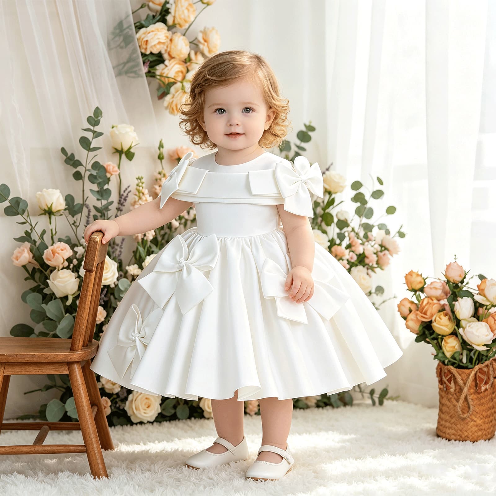 Children's dress cross-border foreign trade girl princess dress satin bow first birthday party dress dress