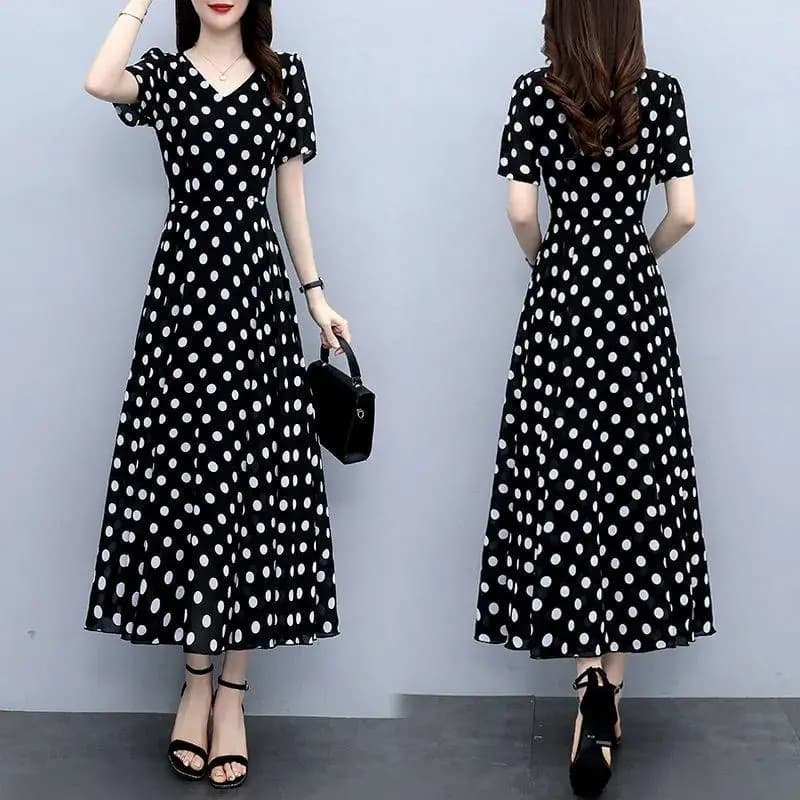 Polka Dot Dress with Waist Definition, Long Length Over Knee, 2025 Summer New