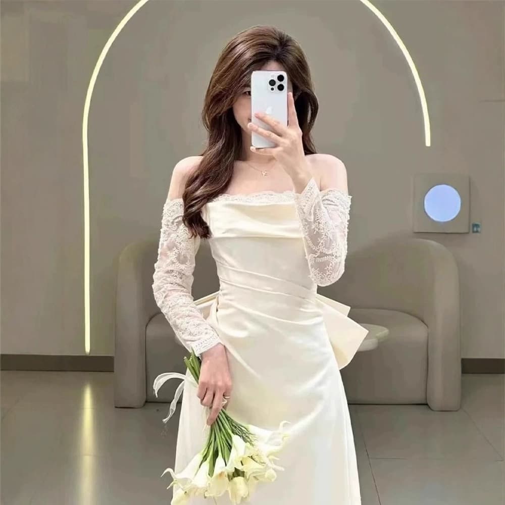 French Satin Off-Shoulder Light Wedding Dress with Lace Long Sleeves, High-End Niche Style, Slim Fit, Simple Evening Gown