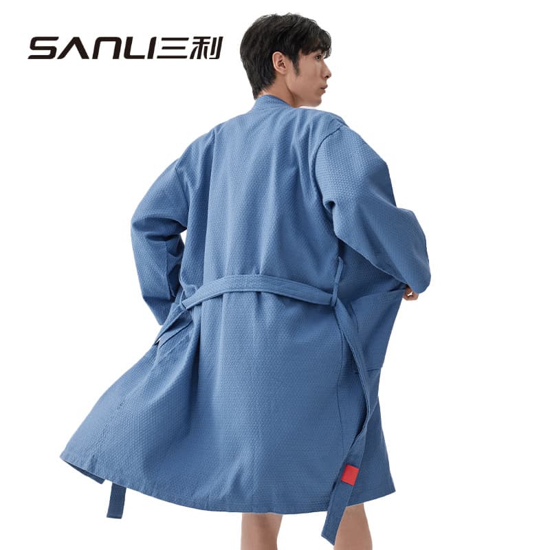 [2 Styles] Sanli Men's Bathrobe Pure Cotton Waffle Bathrobe Beauty Salon Bathrobe Adult Couple Homewear