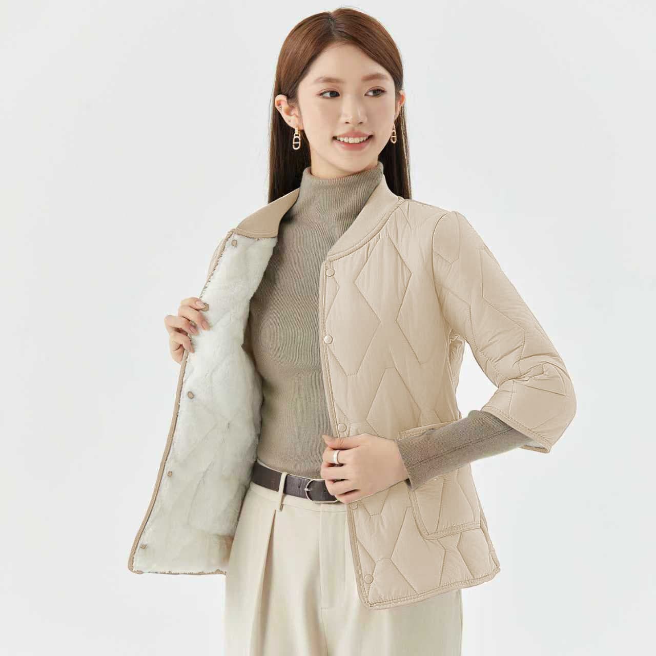 Women's Lightweight Warm 3/4 Sleeve Cotton Lining Home Cotton Jacket Fleece-Lined Outerwear Top 2509