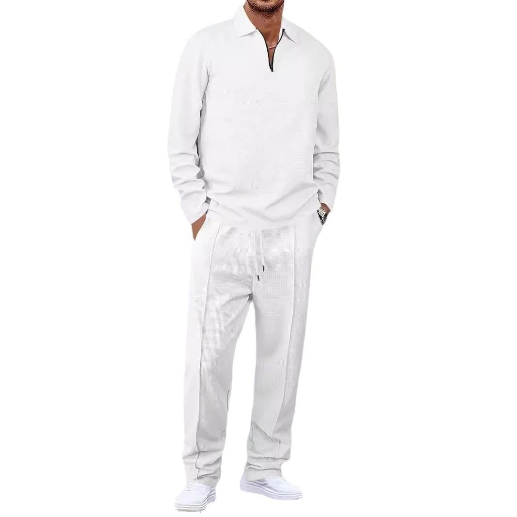 Export Best-Selling Men's Waffle Knit Set, Long-Sleeve Striped Polo Shirt Set, Fashion Casual Zip-Up Turn-Down Collar Set