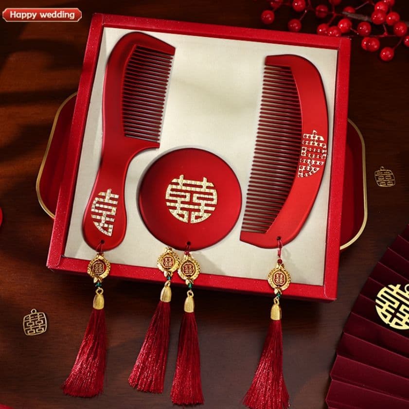 Pair of Red Small Mirrors and Comb for Bride's Dowry, Wedding Round Mirror, Complete Set of Bridal Dowry Items