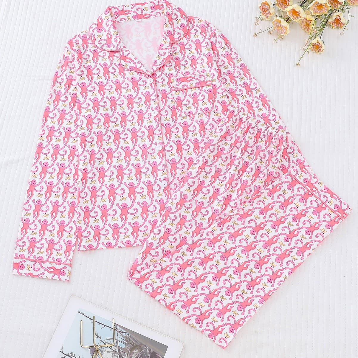 New Women's Pajama Set with Printed Notched Collar Long Sleeve Long Pants European and American Loungewear Cardigan Loose and Comfortable