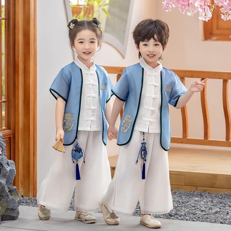 Boys and Girls Chinese-style Short Sleeve Tencel Cloud Dragon Summer Ancient-style Fashion Trendy Tang Suit Children's Day Performance Wholesale