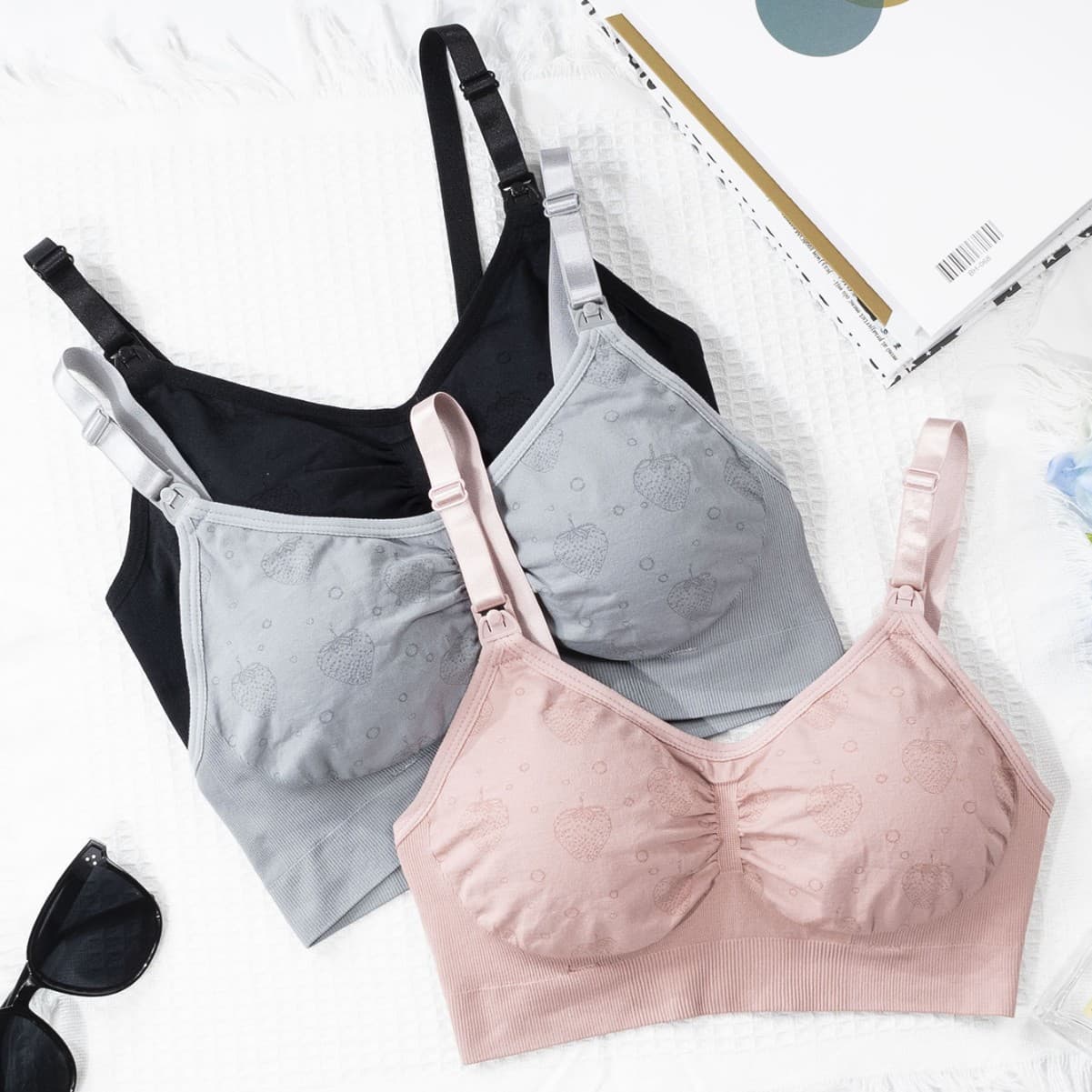Cross-border Seamless Breathable Strawberry Print Nursing Bra, Wire-Free Push-Up, Removable Buckle, Maternity Underwear