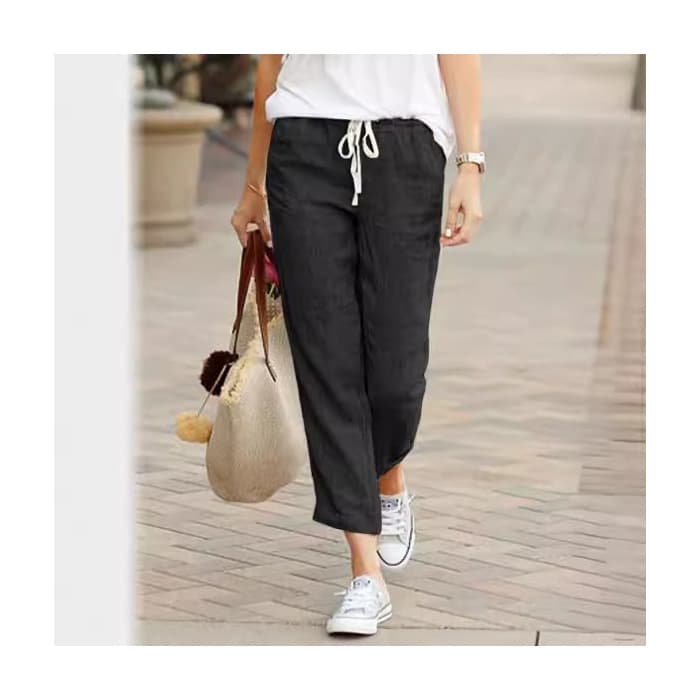 2025 Cross-border Amazon Independent Station New Solid Color Loose Casual Drawstring Elastic Waist Cotton Cropped Pants