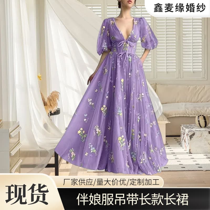 Cross-border Deep V-Neck Banquet Embroidered Floral Dress Fashion Elegant Waist-Cinching Floral Print Long Dress