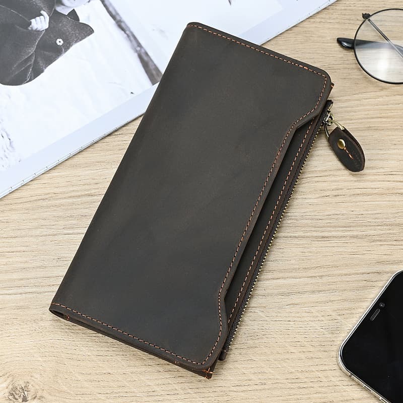 New Crazy Horse Leather Men's Long Wallet Genuine Leather Bifold Wallet Multi-Card Holder Clutch Bag Phone Bag