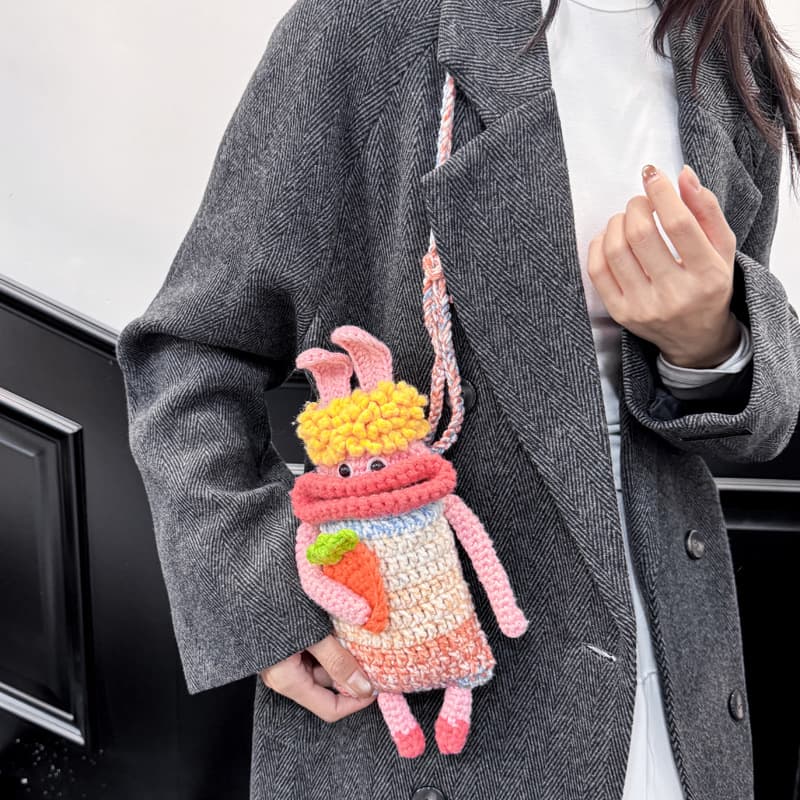 Big Mouth Girl Hand Knitted Bag Cute Crochet Bag Yarn Phone Bag Finished Hooked Bag Cartoon Plush Crossbody Bag