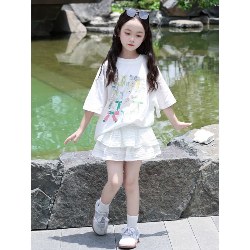 W Layer Cake Skirt Girls Set Summer Korean Thin Children Butterfly Short Sleeve T-Shirt Skirt Two-Piece Set