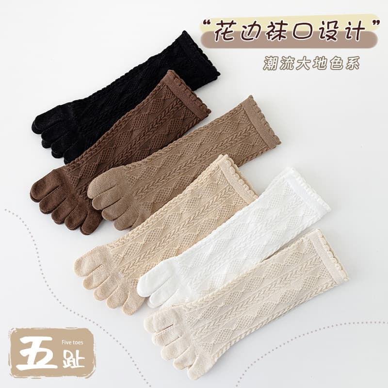 Women's five-finger socks, summer lace mid-calf socks, anti-athlete's foot, wear-resistant, split-toe, breathable, sweat-absorbing cotton socks, hollowed-out thin socks.