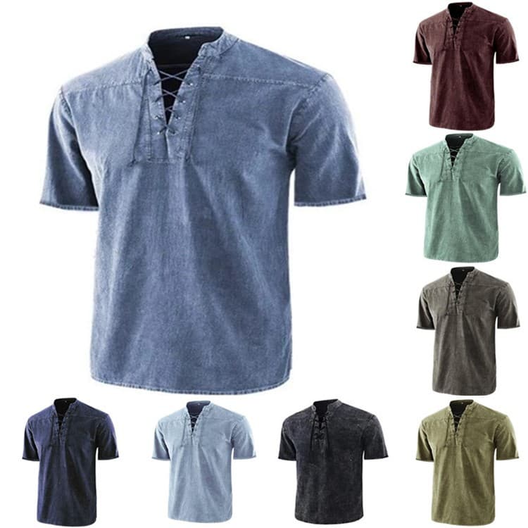 Men's European and American Amazon New Solid Color Retro Lace-up Collar Casual Short-sleeved Shirt