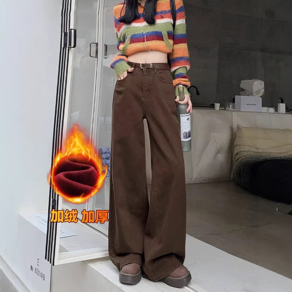 Han Niu Xintang Cowboy Capital Brown Coffee Straight Leg Pants Women Loose Wide Leg Fleece Lined Thickened Jeans Women