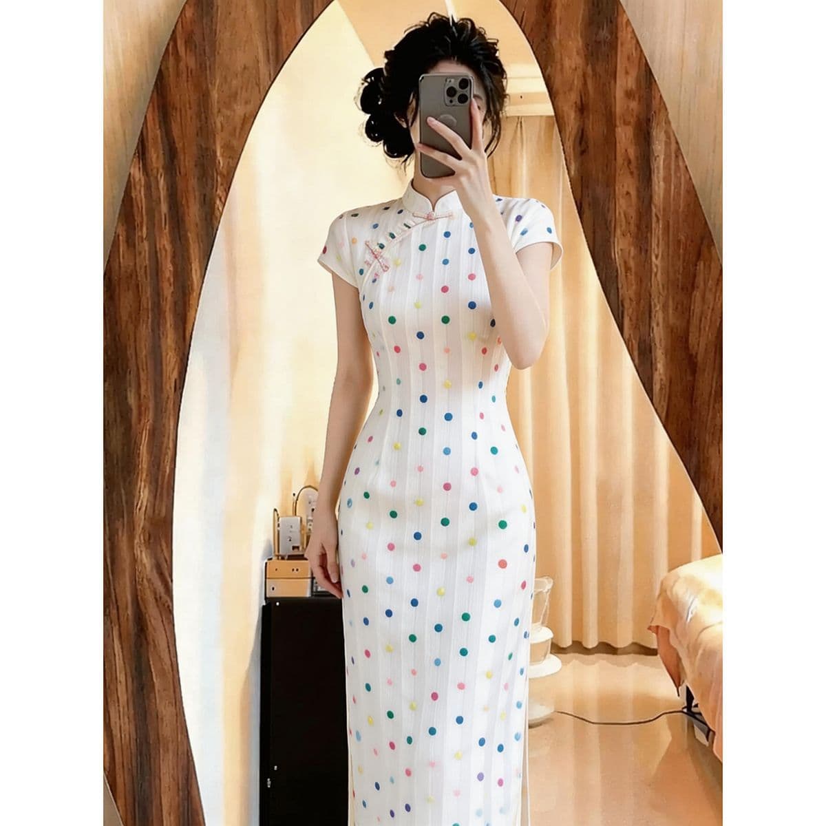 2026 Summer New Chinese Style [Rainbow Pop Rocks] Retro Modified Cheongsam Dress for Women Summer Polka Dot Striped Long Dress