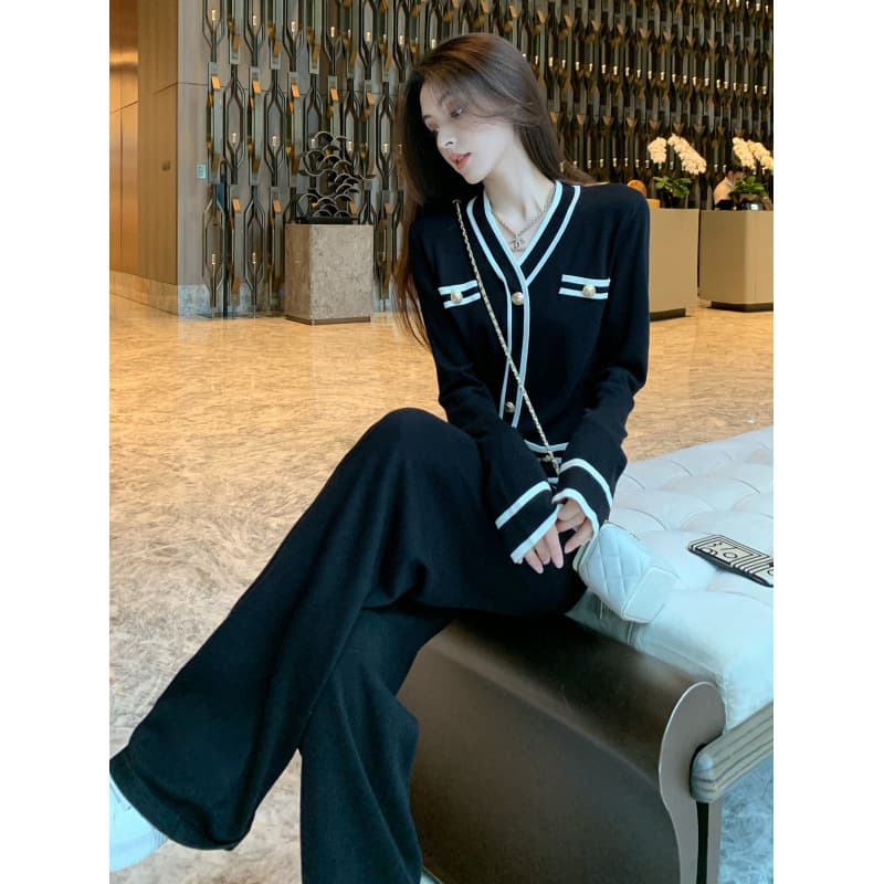 7064-4 Knit Two-Piece Set V-Neck Contrast Trim Cardigan High-Waist Slimming Wide-Leg Pants Premium Office Ensemble