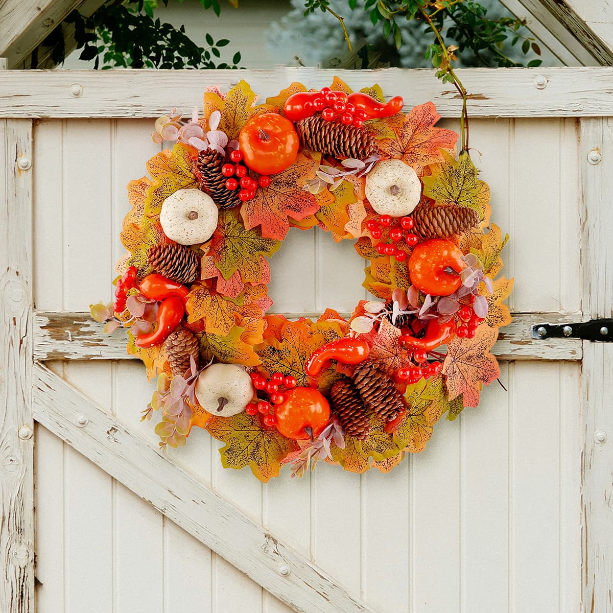 Cross-Border New Autumn Pumpkin Pinecone Wreath Door Window Hanging Decoration Thanksgiving Courtyard Berry Maple Leaf Vine Wall Decor