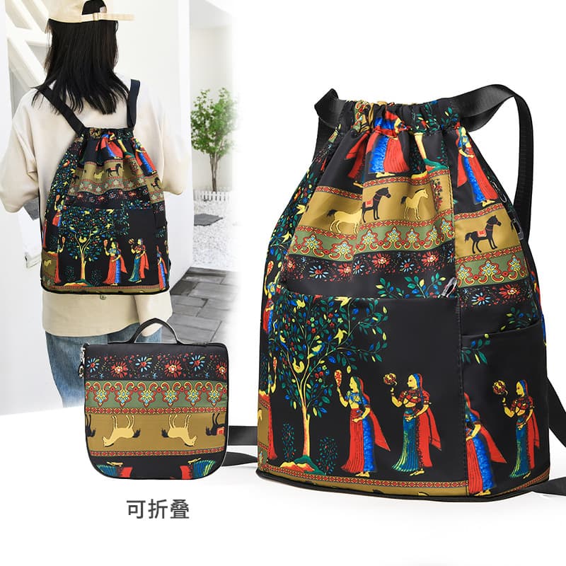 Printed drawstring small backpack women's drawstring folding storage bag fitness bag drawstring pocket travel backpack trendy printing