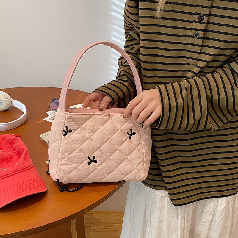 Korean style simple quilted embroidered bow handbag rhombus cotton fashion handbag casual versatile handbag