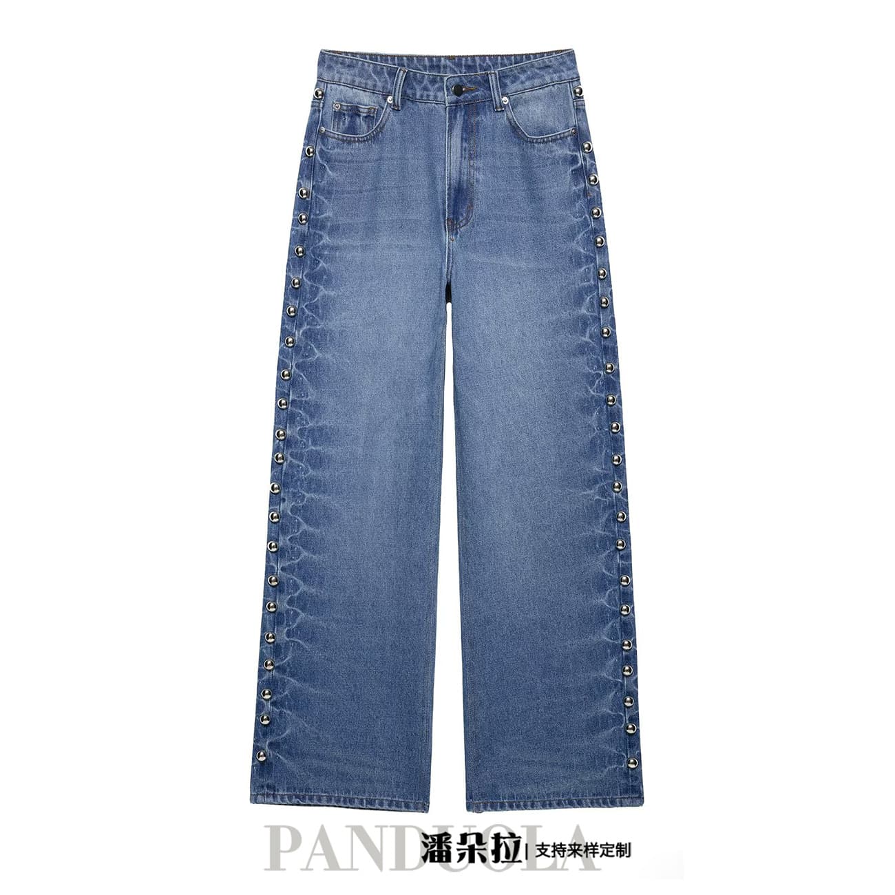 Cross-border European and American Women's Fashion 2025 Spring New Arrival High-Waist Slimming Heavy-Duty Straight-Leg Wide-Leg Rivet Jeans