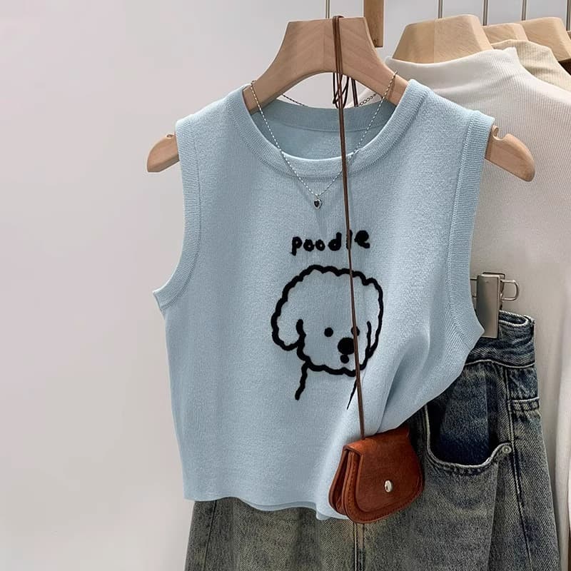 Chic Blue Dog Embroidery Sleeveless Vest Top for Women Summer 2025 New Style Outerwear or Layering Top