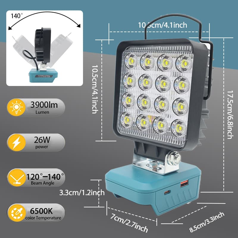 Work Light LED Outdoor Engineering Lighting Suitable for Makita BL1830 Battery USB-C Fast Charging